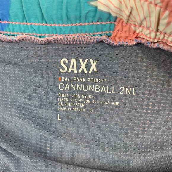 Saxx Mens Swim Trunks Large Pink Blue 2N1 Cannonball Lined Shorts 7" Nylon Birds - Picture 2 of 8